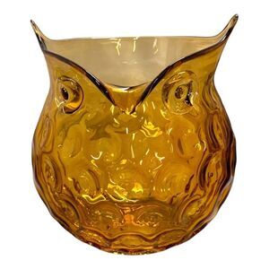 Vintage Amber Glass Honeycomb Art Glass Owl Vase Large Vase Candle Holder 9"